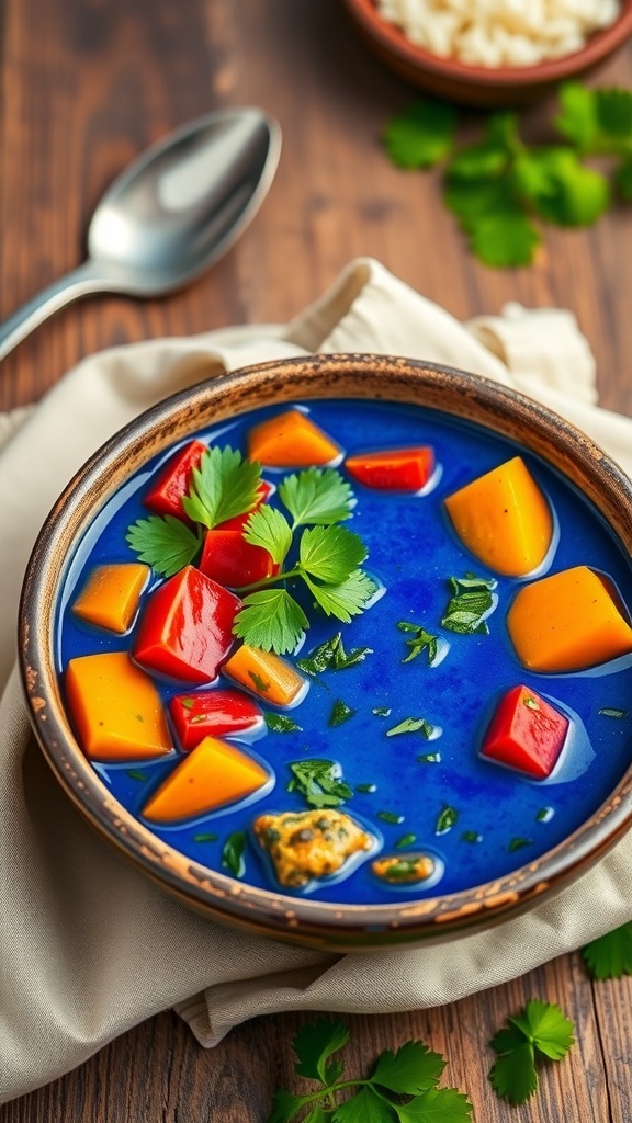 A bowl of blue curry with vegetables and rice, garnished with cilantro on a wooden table.